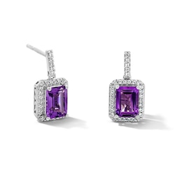 Emerald-Cut Amethyst and White Lab-Created Sapphire Frame Drop Earrings in Sterling Silver