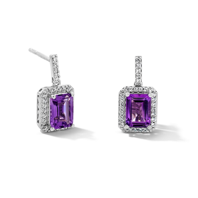 Main Image 1 of Emerald-Cut Amethyst and White Lab-Created Sapphire Frame Drop Earrings in Sterling Silver