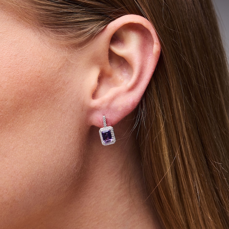 Emerald-Cut Amethyst and White Lab-Created Sapphire Frame Drop Earrings in Sterling Silver