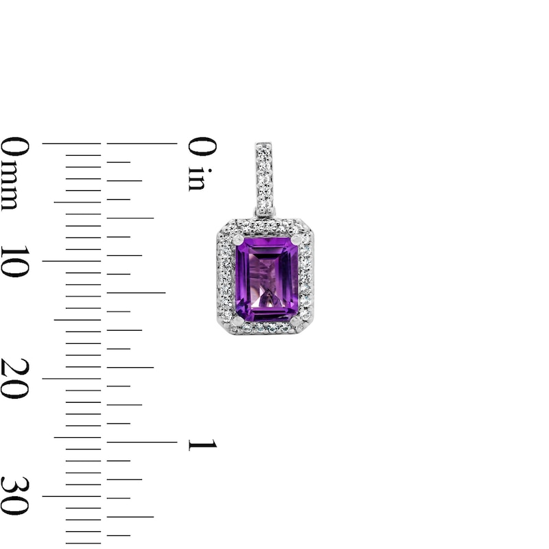 Main Image 2 of Emerald-Cut Amethyst and White Lab-Created Sapphire Frame Drop Earrings in Sterling Silver