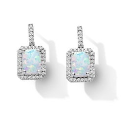 Rectangular Lab-Created Opal and White Lab-Created Sapphire Frame Drop Earrings in Sterling Silver