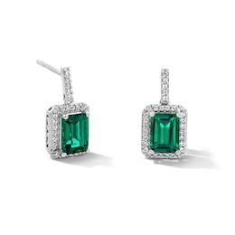 Emerald-Cut Lab-Created Emerald and White Lab-Created Sapphire Frame Drop Earrings in Sterling Silver