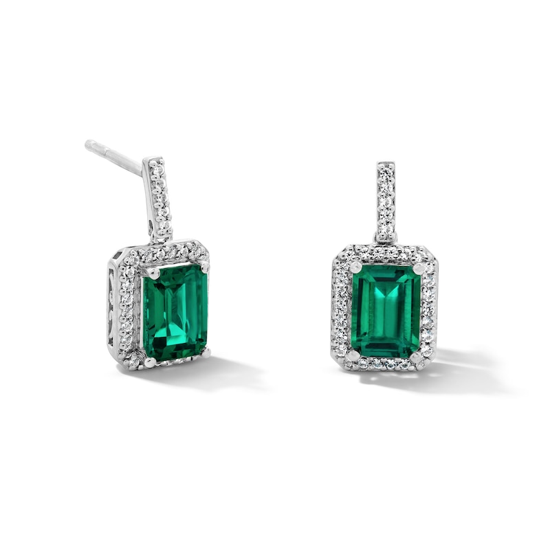 Main Image 1 of Emerald-Cut Lab-Created Emerald and White Lab-Created Sapphire Frame Drop Earrings in Sterling Silver