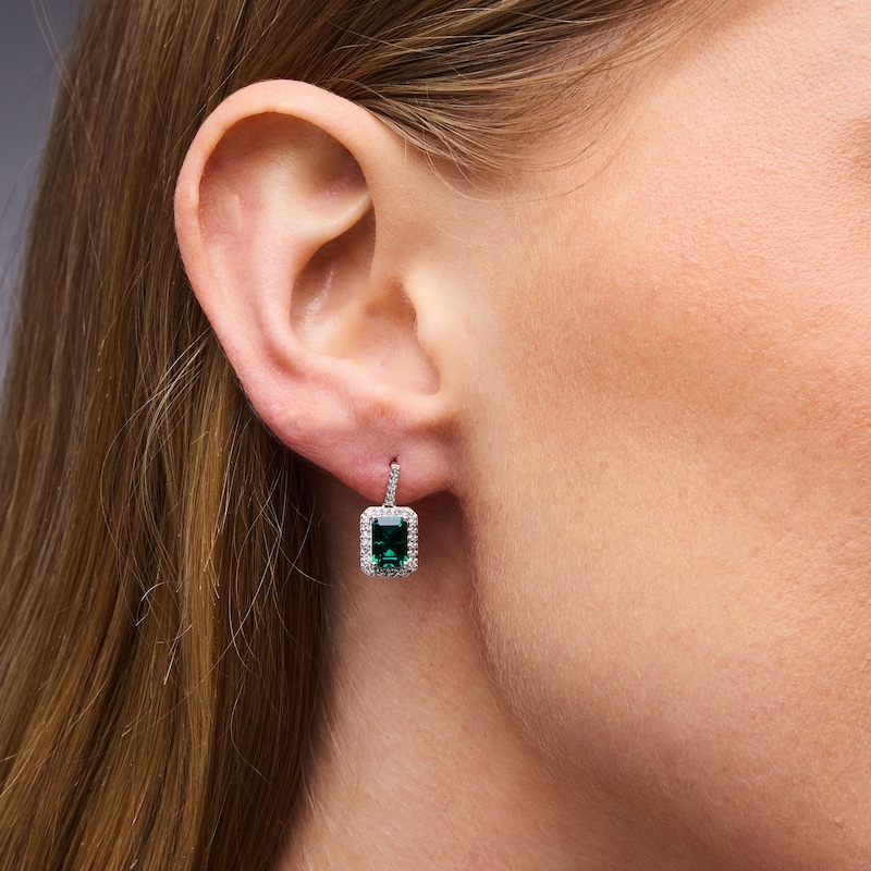 Emerald-Cut Lab-Created Emerald and White Lab-Created Sapphire Frame Drop Earrings in Sterling Silver