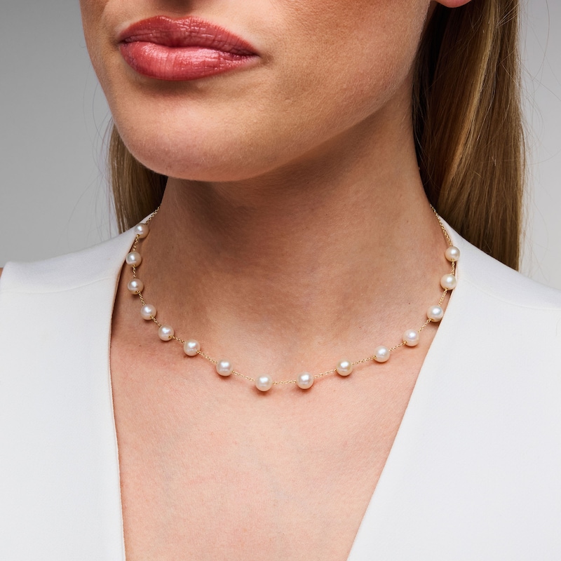 6.0–6.5mm Freshwater Cultured Pearl Station Necklace in Sterling Silver with 14K Gold Plate – 17″
