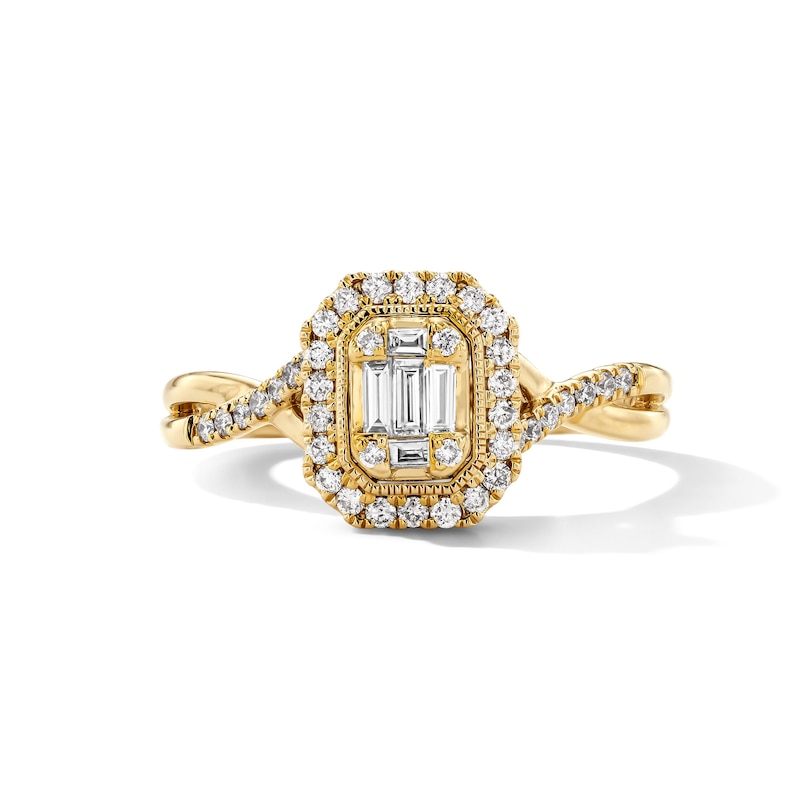 Main Image 1 of 0.30 CT. T.W. Baguette-Cut and Round Diamond Frame Engagement Ring in 14K Gold