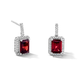 Emerald-Cut Garnet and White Lab-Created Sapphire Frame Drop Earrings in Sterling Silver
