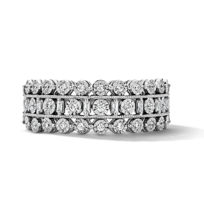 0.23 CT. T.W. Baguette-Cut and Round Diamond Three-Row Anniversary Band in Sterling Silver