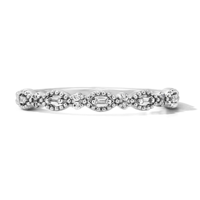 Main Image 1 of 0.05 CT. T.W. Baguette-Cut and Round Diamond Beaded Frame Stackable Ring in 10K White Gold