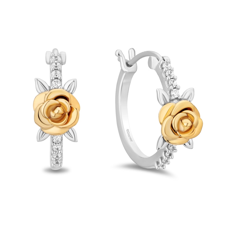 Main Image 2 of Enchanted Disney Belle 0.11 CT. T.W. Certified Lab-Grown Diamond Hoops in Sterling Silver and 14K Gold Plate (F/VS2)