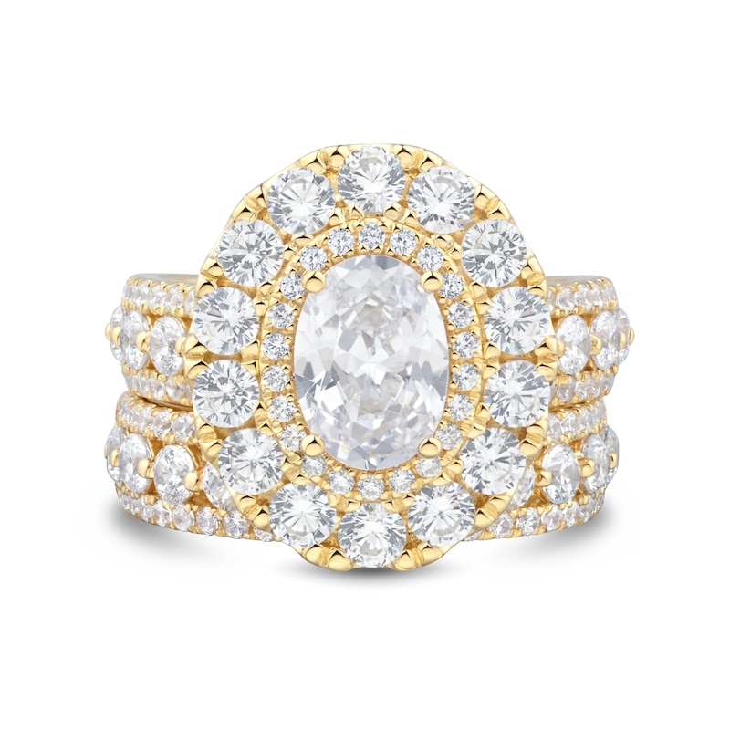 Main Image 2 of 4.45 CT. T.W. Oval Certified Lab-Grown Diamond Double Frame Bridal Set in 14K Gold (F/VS2)