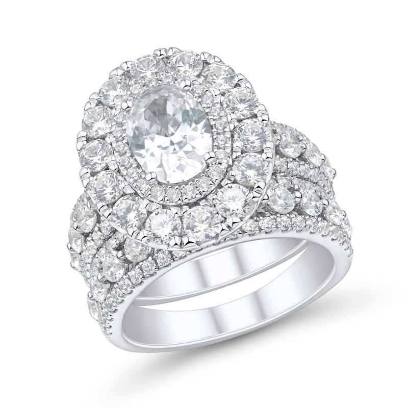 Main Image 1 of 4.45 CT. T.W. Oval Certified Lab-Grown Diamond Double Frame Bridal Set in 14K White Gold (F/VS2)