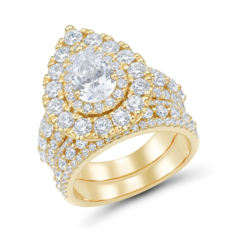 Main Image 1 of 3.95 CT. T.W. Pear-Shaped Certified Lab-Grown Diamond Bridal Set in 14K Gold (F/VS2)