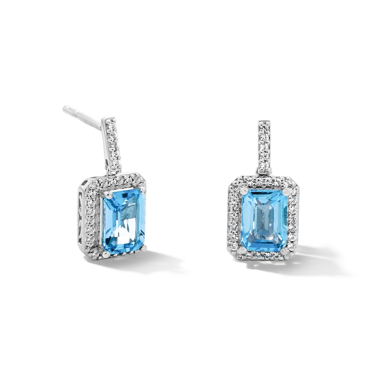 Emerald-Cut Swiss Blue Topaz and White Lab-Created Sapphire Frame Drop Earrings in Sterling Silver