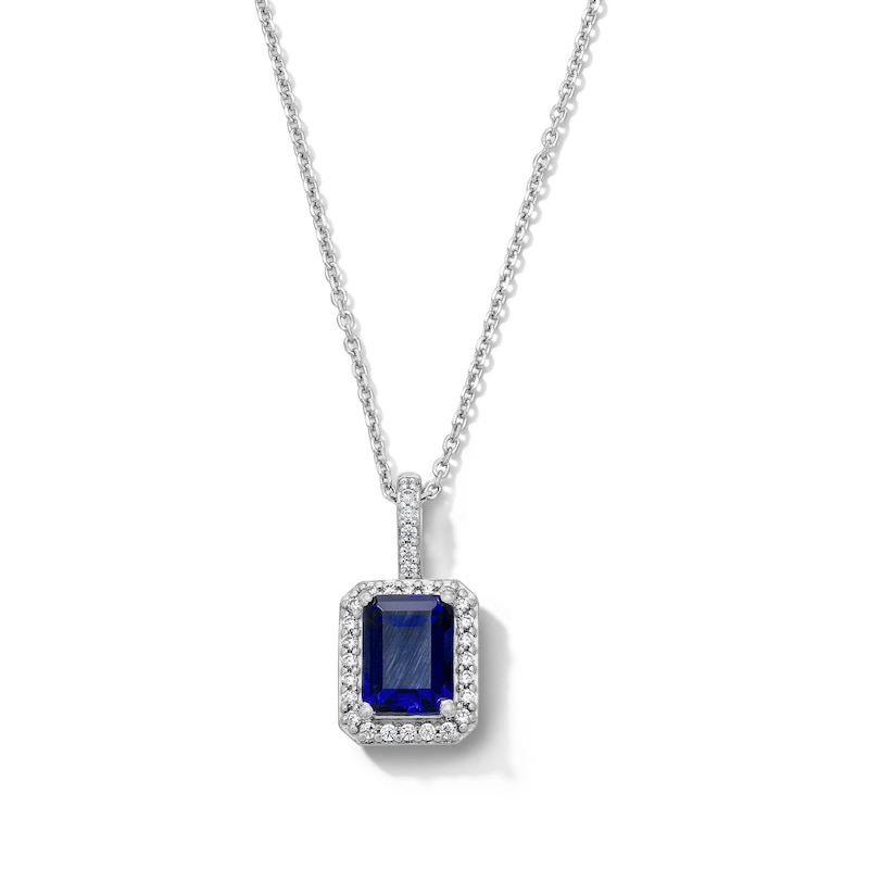Main Image 1 of Emerald-Cut Blue Lab-Created Sapphire and White Lab-Created Sapphire Frame Pendant in Sterling Silver