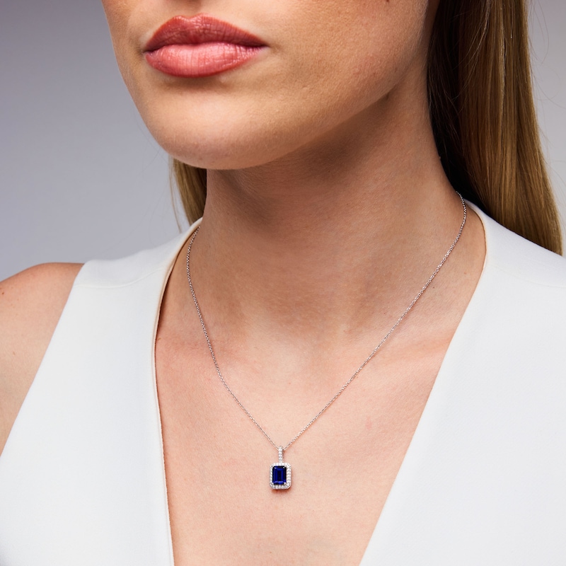 Emerald-Cut Blue Lab-Created Sapphire and White Lab-Created Sapphire Frame Pendant in Sterling Silver