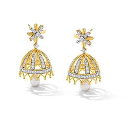 Oval Freshwater Cultured Pearl and 1.45 CT. T.W. Certified Lab-Grown Diamond Bell Drop Earrings in 18K Gold (I/SI2)
