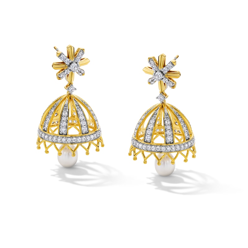 Main Image 1 of Oval Freshwater Cultured Pearl and 1.45 CT. T.W. Certified Lab-Grown Diamond Bell Drop Earrings in 18K Gold (I/SI2)