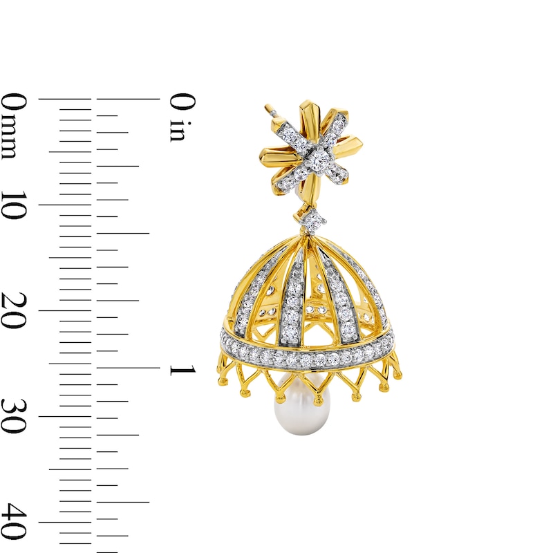 Main Image 3 of Oval Freshwater Cultured Pearl and 1.45 CT. T.W. Certified Lab-Grown Diamond Bell Drop Earrings in 18K Gold (I/SI2)