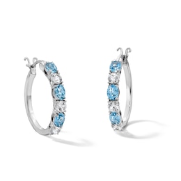 Oval Swiss Blue Topaz and White Lab-Created Sapphire Hoop Earrings in Sterling Silver