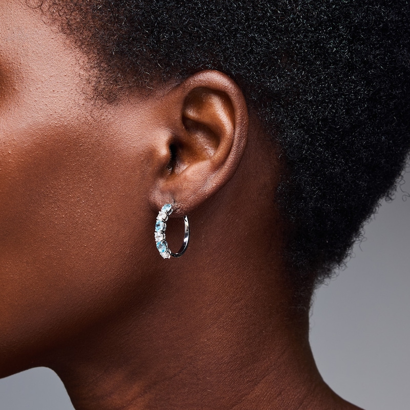 Oval Swiss Blue Topaz and White Lab-Created Sapphire Hoop Earrings in Sterling Silver