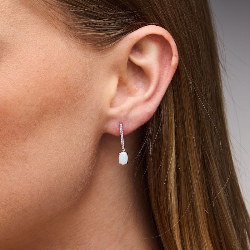 Oval Lab-Created Opal and White Lab-Created Sapphire Dangle Earrings in Sterling Silver