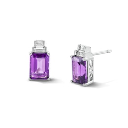 Octagon-Cut Amethyst and White Lab-Created Sapphire Stud Earrings in Sterling Silver
