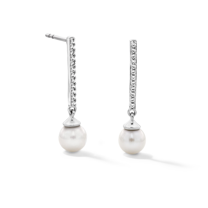 Main Image 1 of 6.0mm Freshwater Cultured Pearl and White Lab-Created Sapphire Dangle Earrings in Sterling Silver