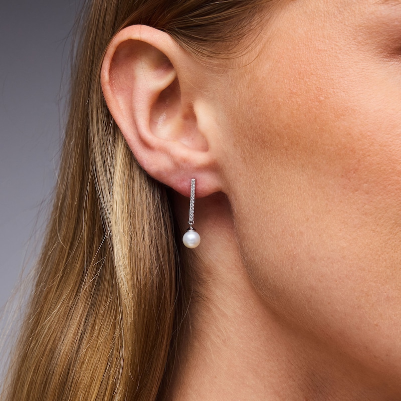 6.0mm Freshwater Cultured Pearl and White Lab-Created Sapphire Dangle Earrings in Sterling Silver