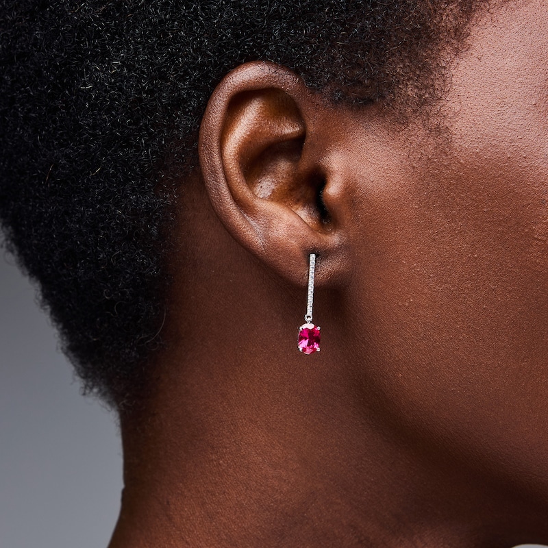 Oval Lab-Created Ruby and White Lab-Created Sapphire Dangle Earrings in Sterling Silver