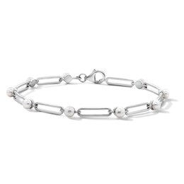 4.0mm Freshwater Cultured Pearl and Paper Clip Link Bracelet in Sterling Silver - 7.5"