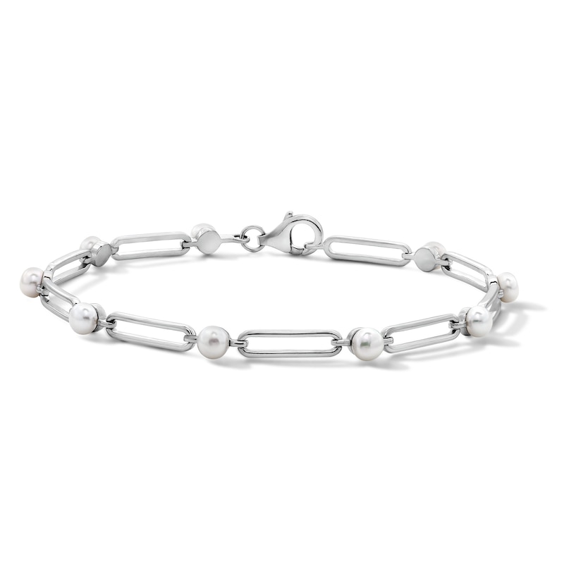4.0mm Freshwater Cultured Pearl and Paper Clip Link Bracelet in Sterling Silver - 7.5"