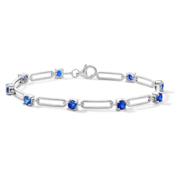 Blue Lab-Created Sapphire and Paper Clip Link Bracelet in Sterling Silver - 7.5"