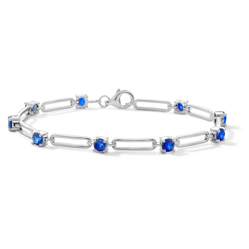 Main Image 1 of Blue Lab-Created Sapphire and Paper Clip Link Bracelet in Sterling Silver - 7.5"