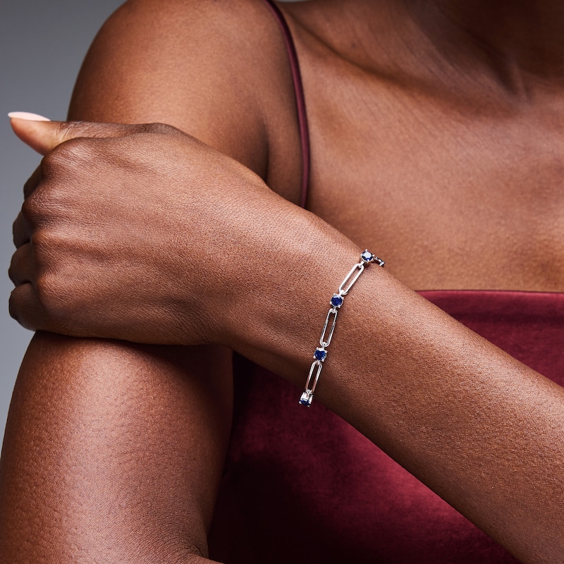 Blue Lab-Created Sapphire and Paper Clip Link Bracelet in Sterling Silver - 7.5"