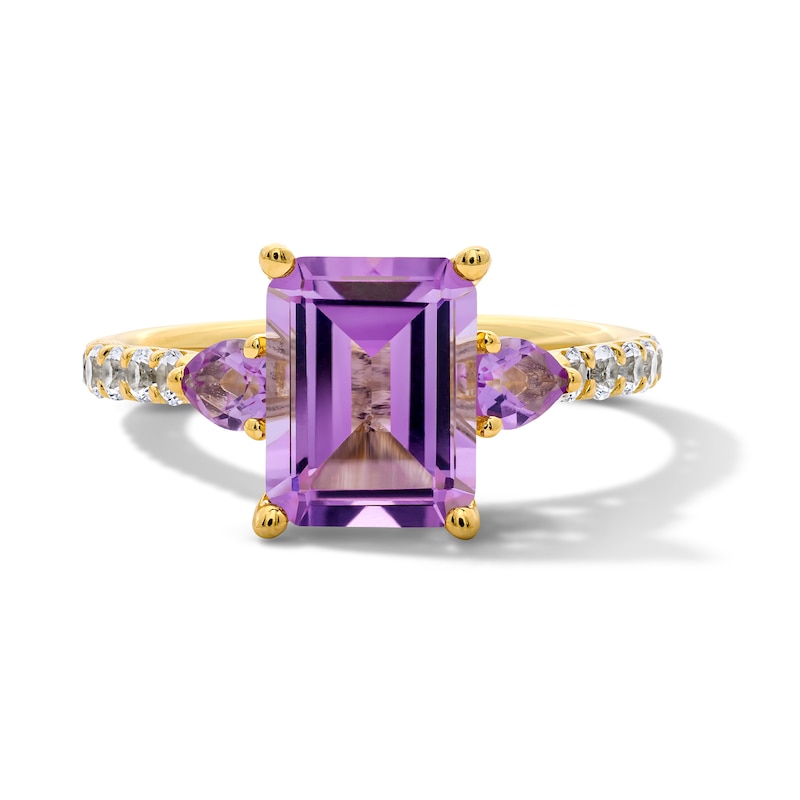 Main Image 1 of Emerald-Cut Pink Quartz, Pear-Shaped Pink Quartz and White Lab-Created Sapphire Ring in 10K Gold