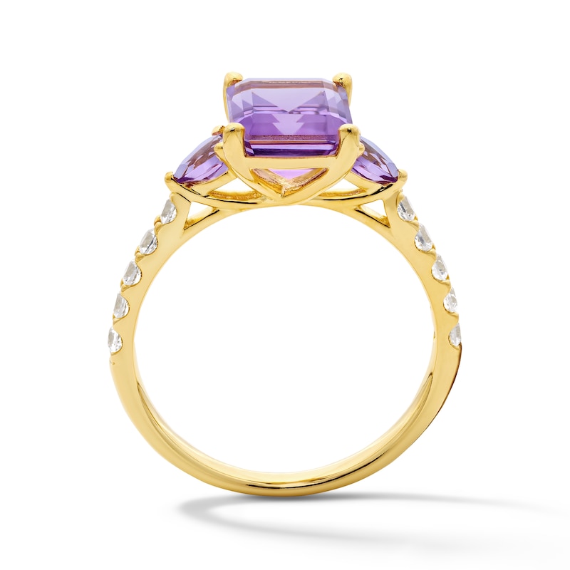 Main Image 2 of Emerald-Cut Pink Quartz, Pear-Shaped Pink Quartz and White Lab-Created Sapphire Ring in 10K Gold