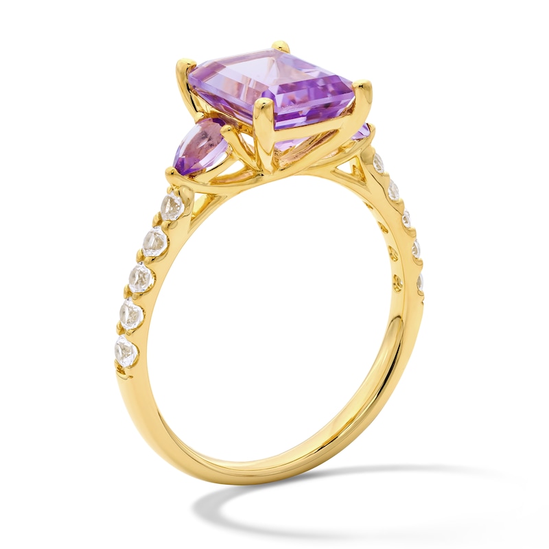 Main Image 3 of Emerald-Cut Pink Quartz, Pear-Shaped Pink Quartz and White Lab-Created Sapphire Ring in 10K Gold