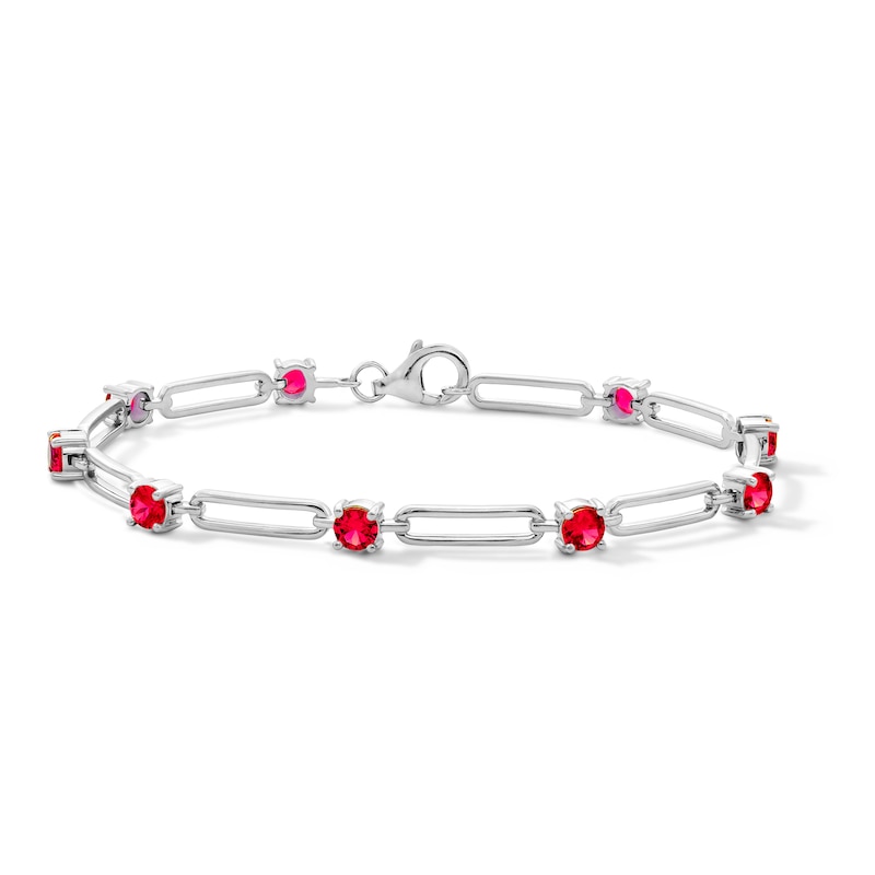 Main Image 1 of Lab-Created Ruby and Paper Clip Link Bracelet in Sterling Silver - 7.5"