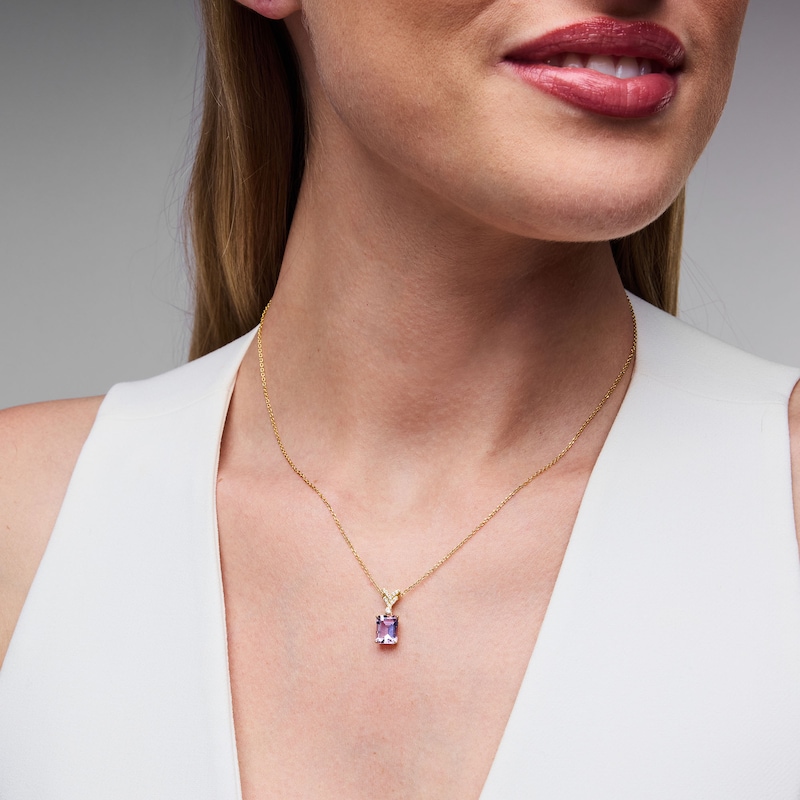 Emerald-Cut Pink Quartz and White Lab-Created Sapphire Pendant in 10K Gold