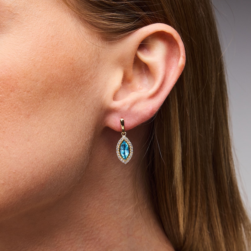 Marquise-Cut Swiss Blue Topaz and White Lab-Created Sapphire Frame Drop Earrings in Sterling Silver with 14K Gold Plate