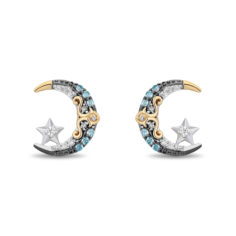 Main Image 1 of Enchanted Disney Jasmine Blue Topaz and 0.06 CT. T.W. Diamond Moon and Star Earrings in Sterling Silver and 10K Gold