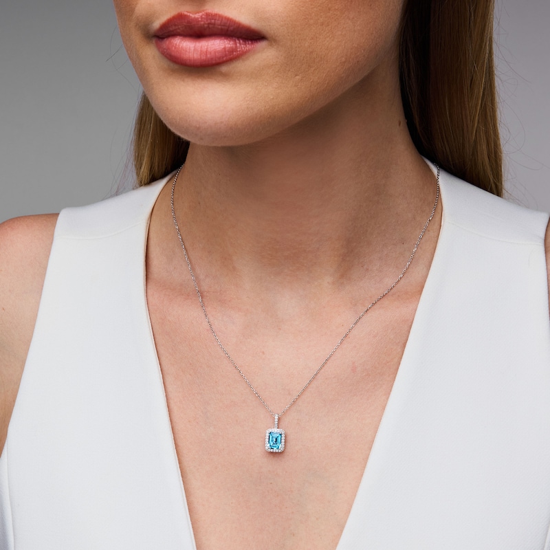Main Image 2 of Emerald-Cut Swiss Blue Topaz and White Lab-Created Sapphire Frame Pendant in Sterling Silver