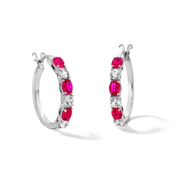 Oval Lab-Created Ruby and White Lab-Created Sapphire Hoop Earrings in Sterling Silver