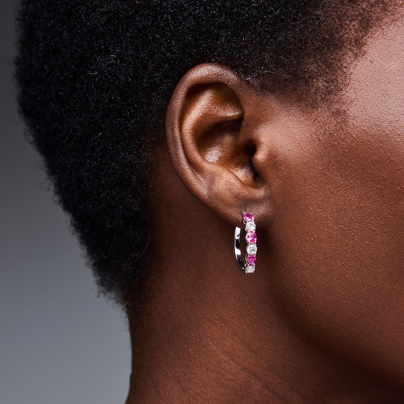 Oval Lab-Created Ruby and White Lab-Created Sapphire Hoop Earrings in Sterling Silver