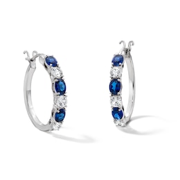 Oval Blue Lab-Created Sapphire and White Lab-Created Sapphire Hoop Earrings in Sterling Silver