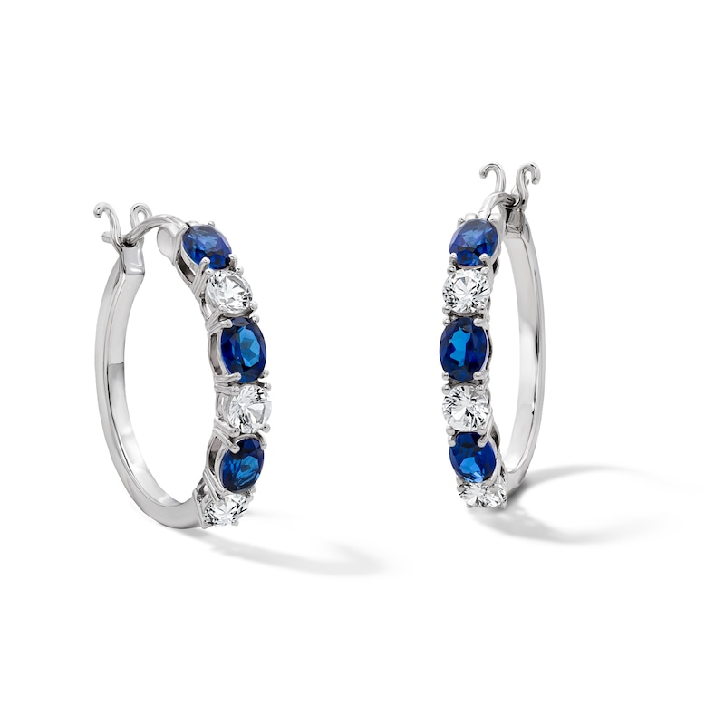Main Image 1 of Oval Blue Lab-Created Sapphire and White Lab-Created Sapphire Hoop Earrings in Sterling Silver