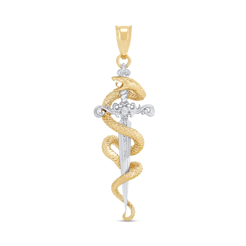 Diamond-Cut Snake and Dagger Necklace Charm in Solid 10K Two-Tone Gold