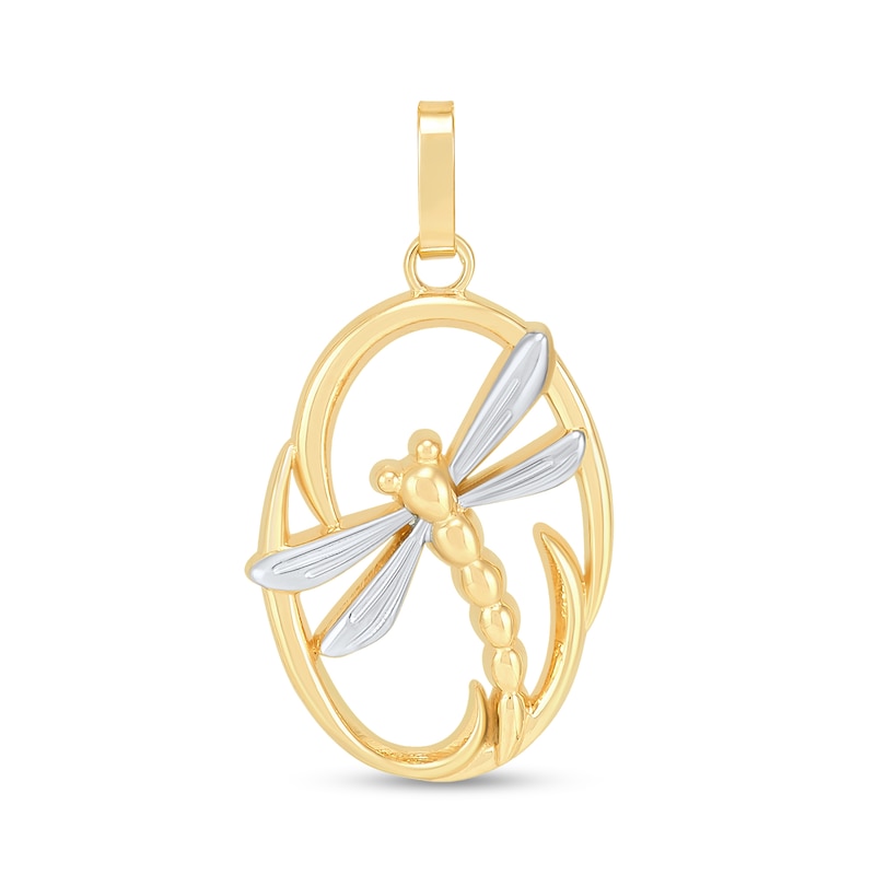 Dragonfly Oval Frame Necklace Charm in Solid 10K Two-Tone Gold