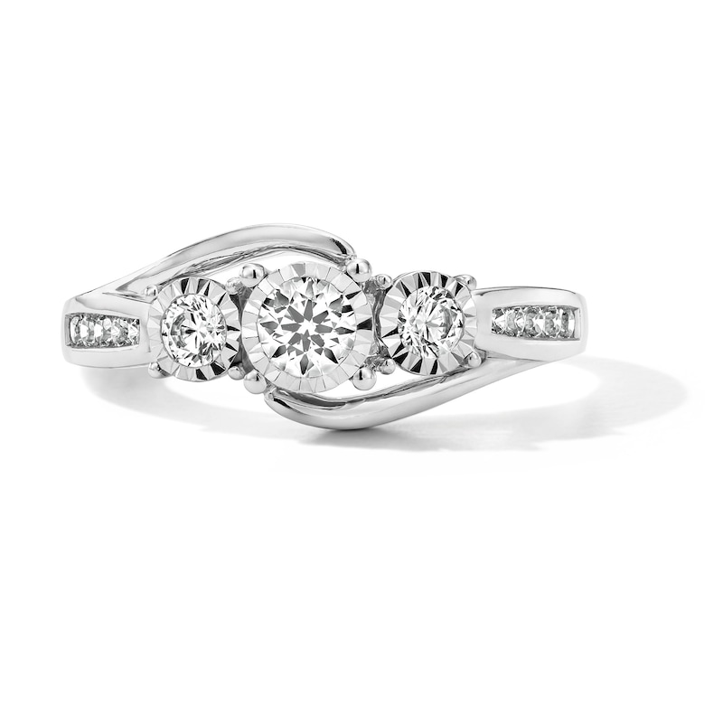 Main Image 1 of 0.50 CT. T.W. Diamond Three-Stone Bypass Engagement Ring in 14K White Gold
